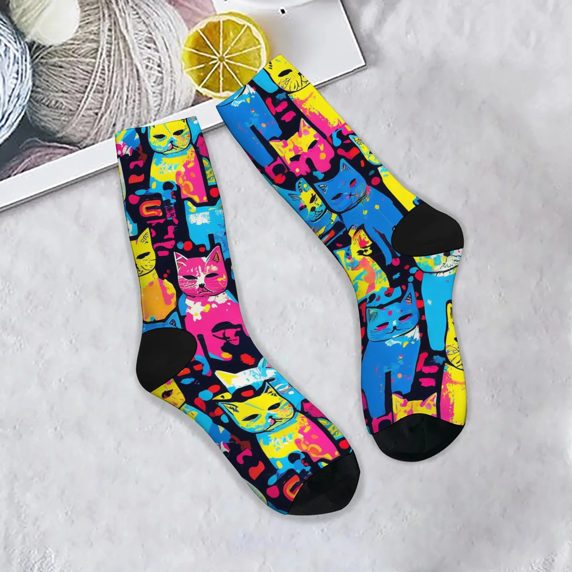 1 Paar bedruckte Socken mit mehrfarbigem Katzenmuster, Harajuku-Stil, bedruckt, bequem und erfrischend, Herrenmode-Socken, skurrile Geschenke