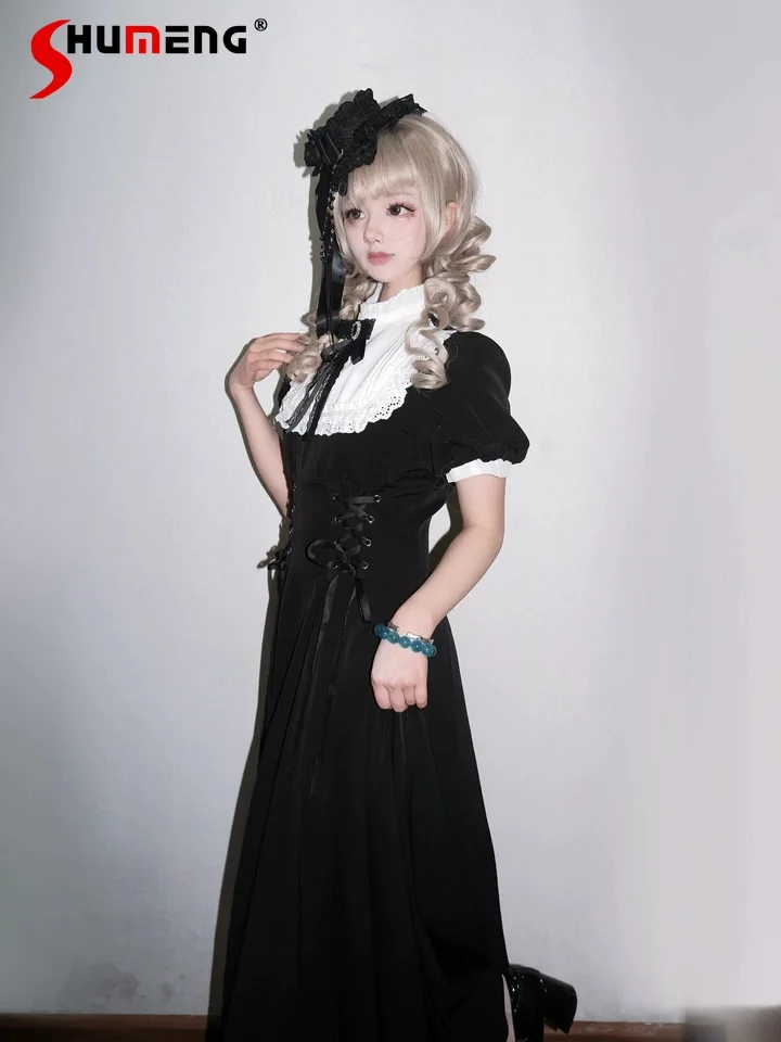 

Japanese Subculture Dark Gothic Elegant Retro Dress Stand Collar Bow Puff Sleeve High Waist Lace-up Slim Black Long Dress Women