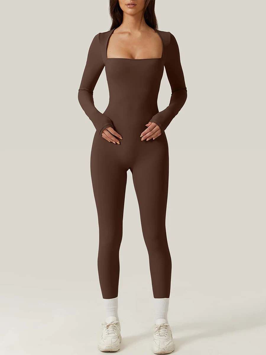 Women Square Neck Long Sleeve Jumpsuit Full Length Leggings Bodycon Romper Workout Yoga  Playsuit Bodysuit