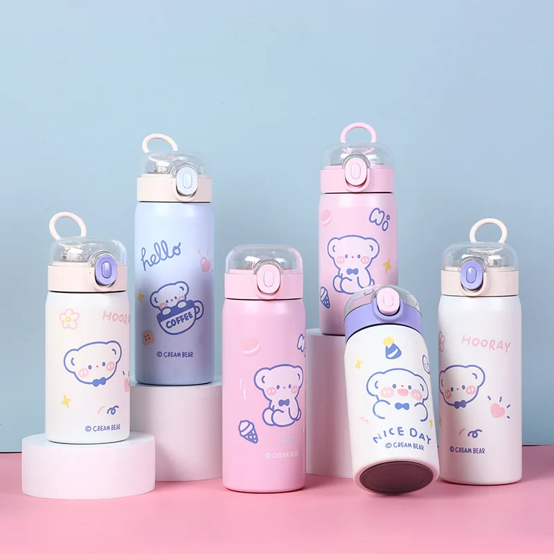 Cute Bear Insulated Water Bottle 304 Stainless Steel Double Wall Vacuum Flask Portable Leak-Proof Travel Mug For Students Kids