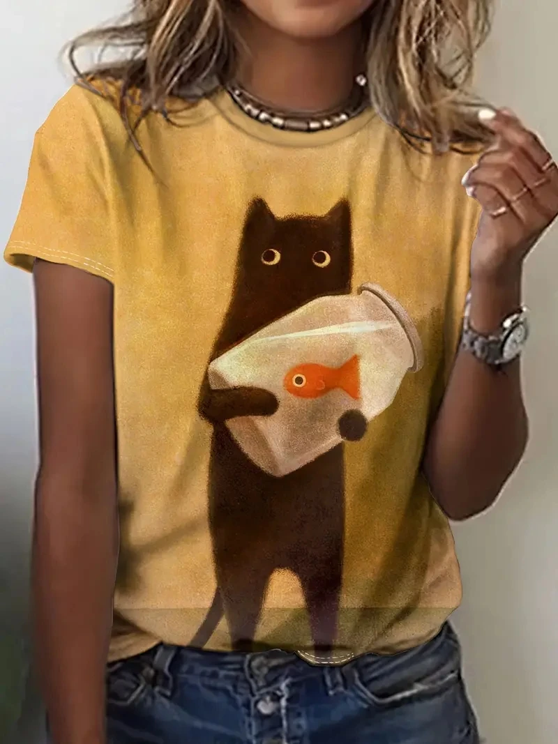 Camiseta De cuello redondo con estampado De gato para Mujer, Top informal De manga corta para primavera y verano, 2024