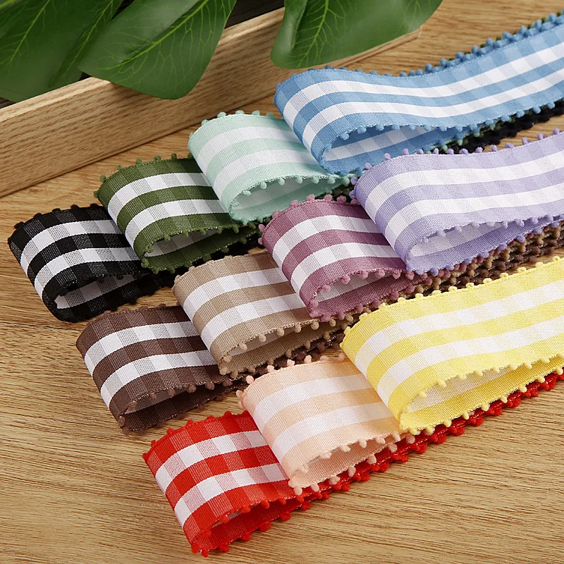 Double Sided Check Ribbon With Pompom Edge For Hair Bow Making DIY Handmade Accessories Crafts Material Supplies 16mm 25mm 40mm