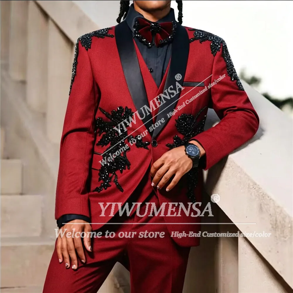 Exclusive Wedding Suits For Man Black Beaded Stones Appliques Prom Blazer Customized Shawl Label Jacketg Pants 2 Pieces Outfits