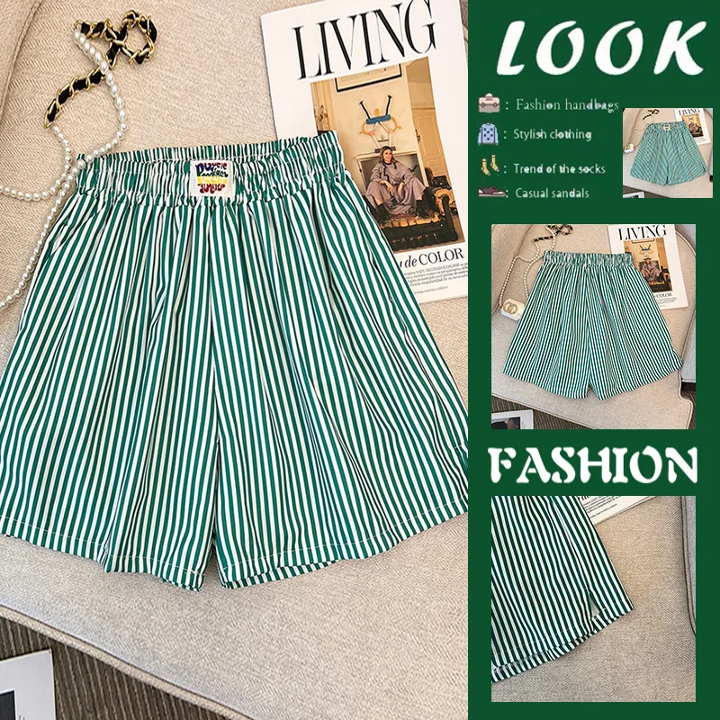 Trendy High Waist Wide Leg Striped Short Pants for Women Summer Loose Sports Pants Commute Style Thin Material Short Length
