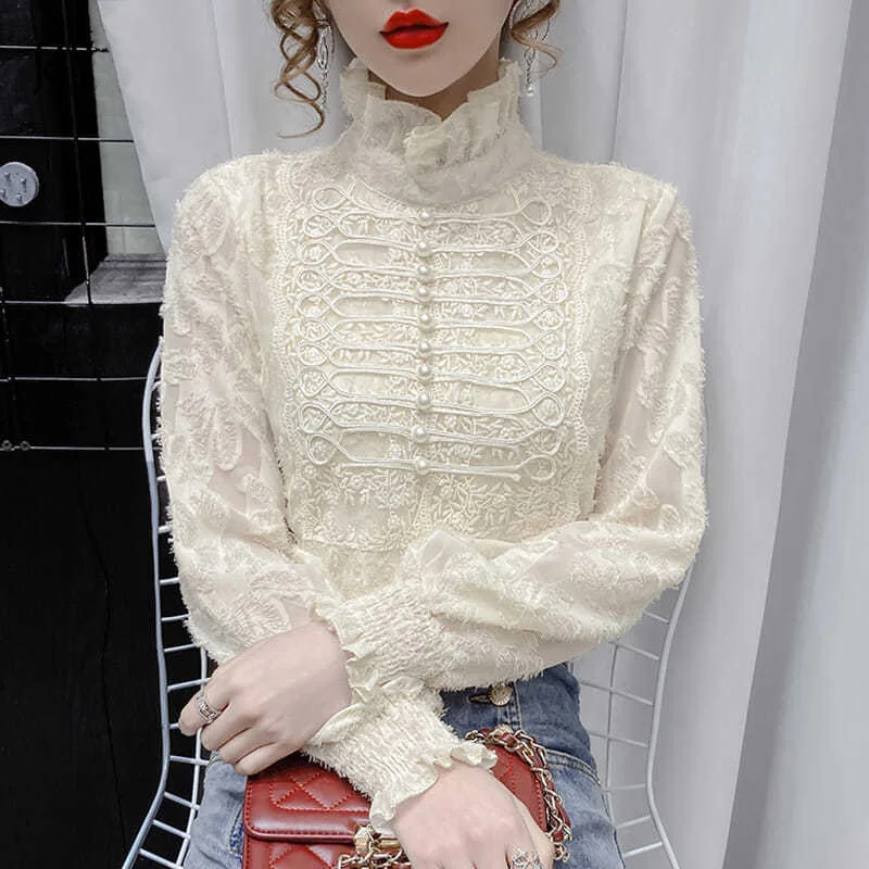 Elegant Vintage Beading Ruffles Woman Blouses 2023 Spring Office Ladies Commute Lace Hook Flower Hollow Pullovers Women\'s Shirts