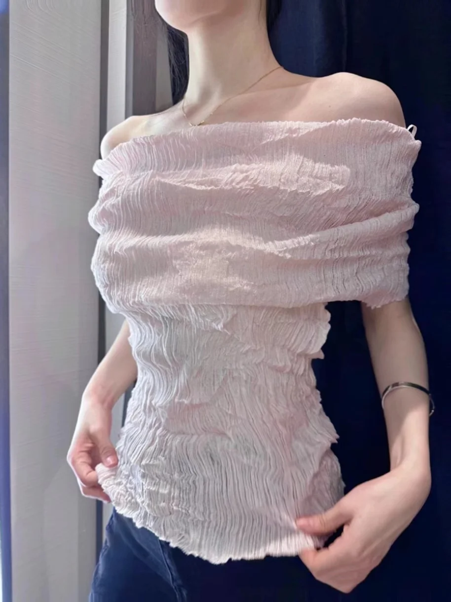 

Summer 2025 New Women's Knitted Off-oulder One-oulder Crease Effect Pure Desire Casual Loose Fit ort Sve Top