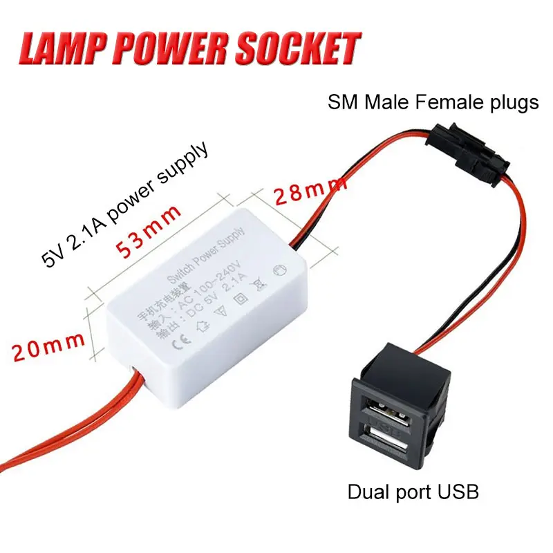 Double-Layer USB Female Type-c USB Socket for LED Light USB A Female Lamp Charging Power Socket with Cable Connector 5V 2A