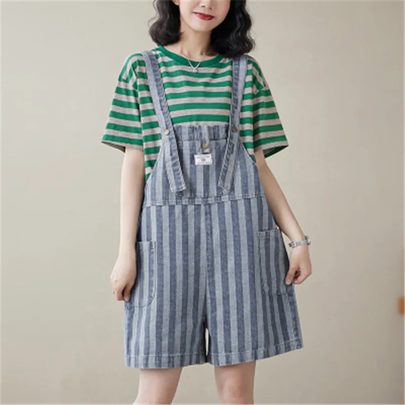 Denim Playsuits Women Vertrical Striped Jumpsuits Loose Wide Leg Short Jumpsuit Sleeveless Spaghetti Strap Rompers Ropa De Mujer