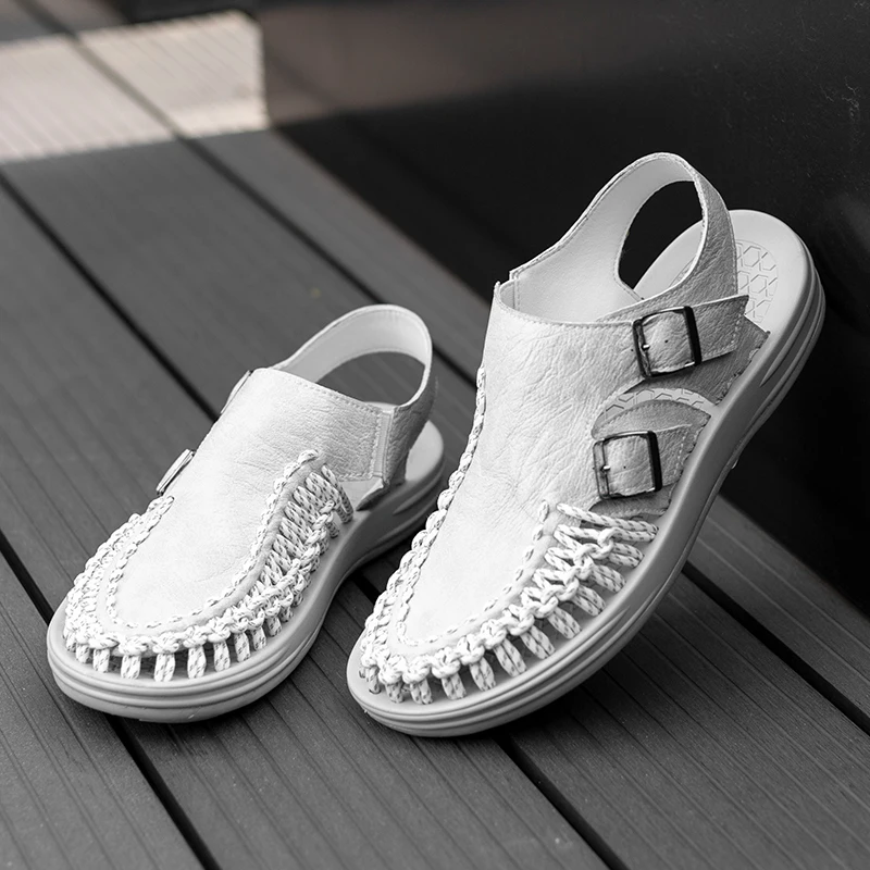 Men New Handmade Woven Fluorescent Sandals Paired with European American Style Anti Slip Casual Beach Shoes