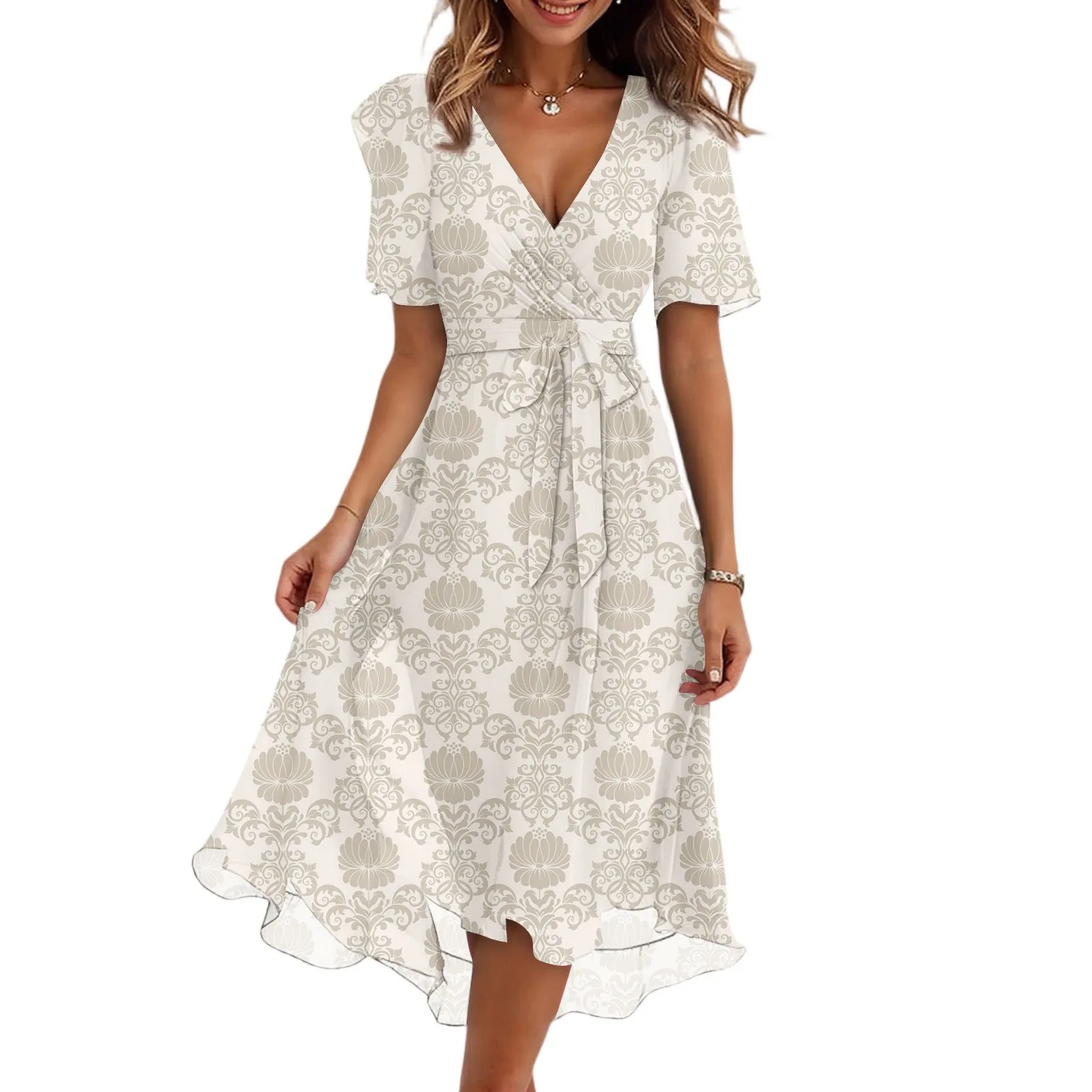 Damen-Sommerkleid mit Blumenmuster, lässig, Wickel-V-Ausschnitt, gerüschte Kapuze, kurze Ärmel, Gürtel, A-Linie, Rüschensaum, Midi-Sommerkleid, elegante Kleider
