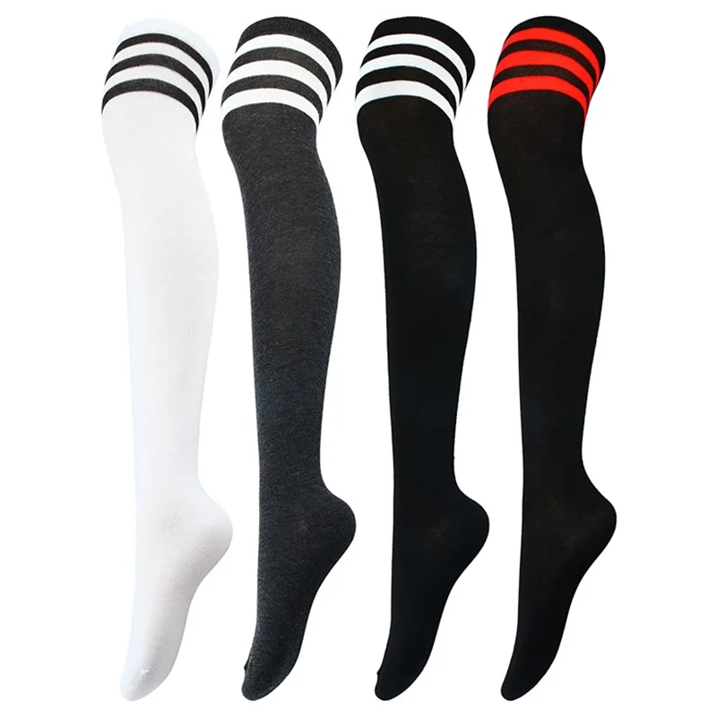 Calcetines largos a rayas para mujer, medias por encima de la rodilla, medias hasta el muslo, Lolita Sexy, calentadores de piernas, talla grande, blanco y negro