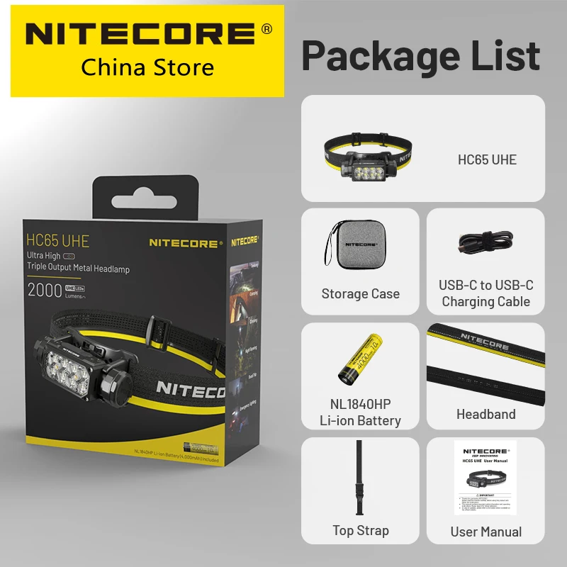 Nitecore HC65 UHE Headlamp 2000 LMs Type-C Rechargeable 8 Core UHE LED Headlight Dual Beam NL1840HP 4000mAh 18650 Li-ion Battery