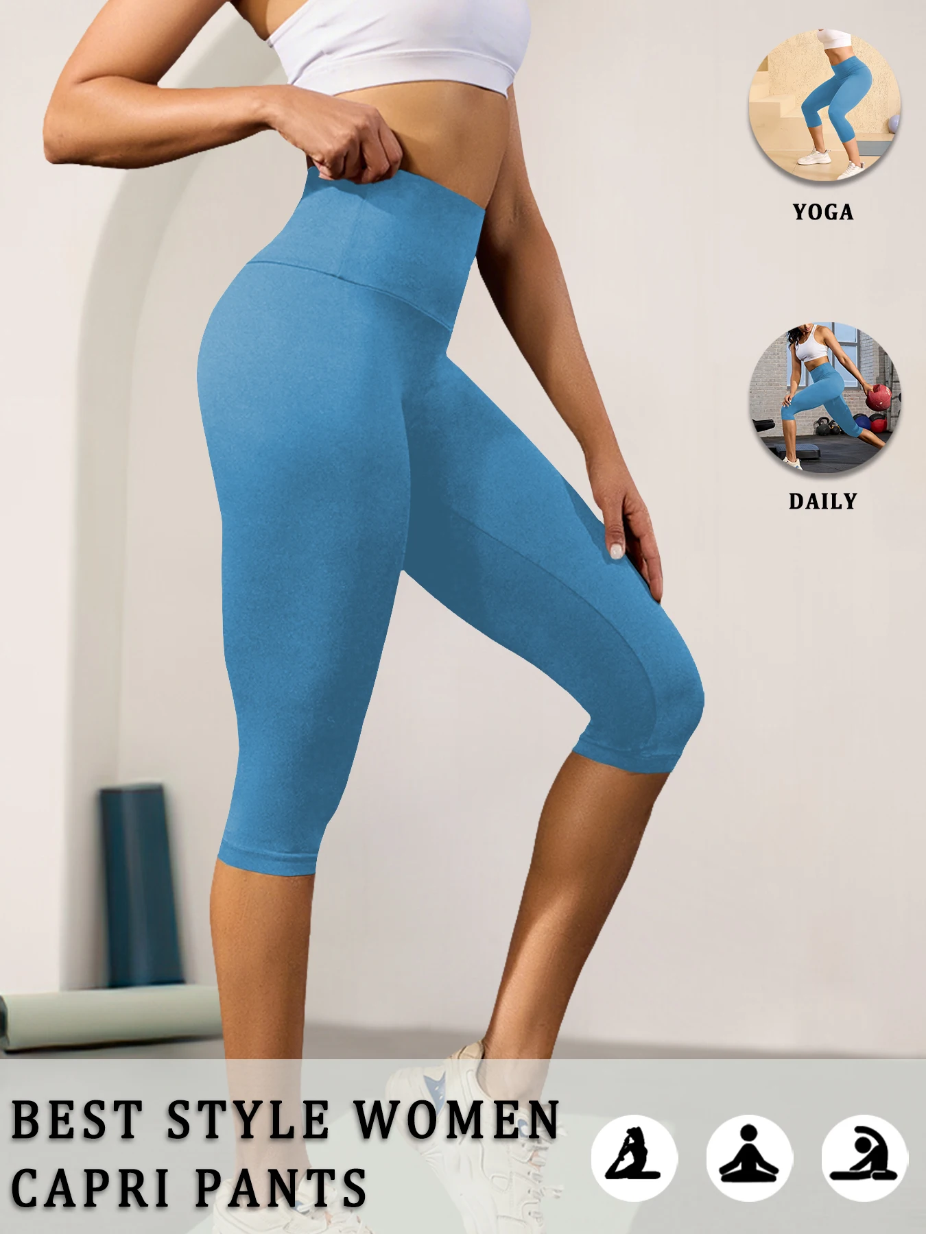 Damen High-Waist Caprihose, superweich, nicht durchsichtig, Bauchkontrolle, Yoga, Lauf-, Workout-, Freizeit-Leggings für Zuhause – Detail 14