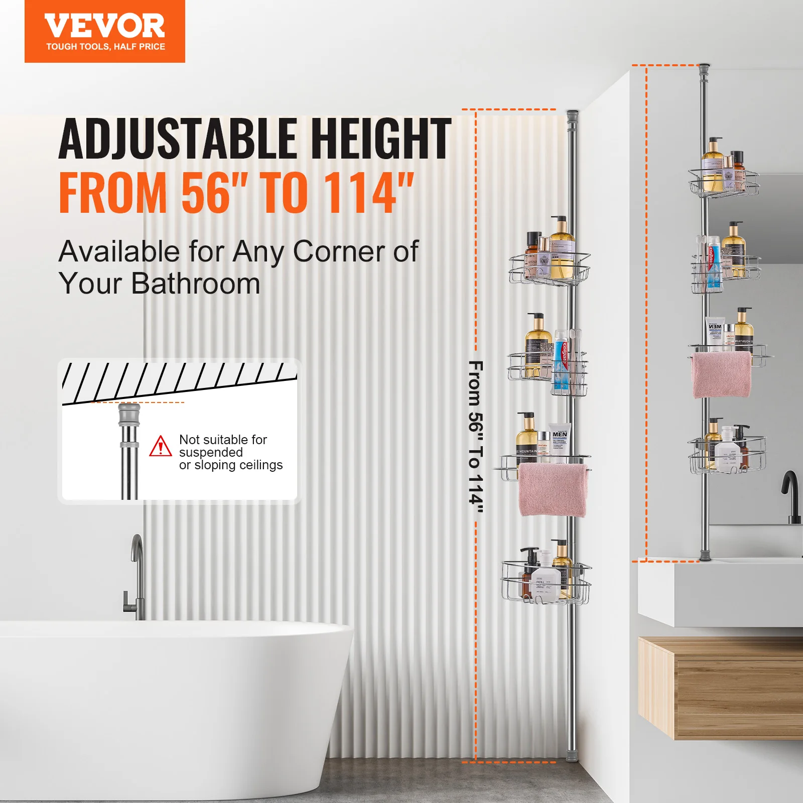 VEVOR Shower Corner Caddy Tension Pole Multi-Functional Shower Tension Pole with Sector Load-Bearing Tray for Bathroom/ Washroom