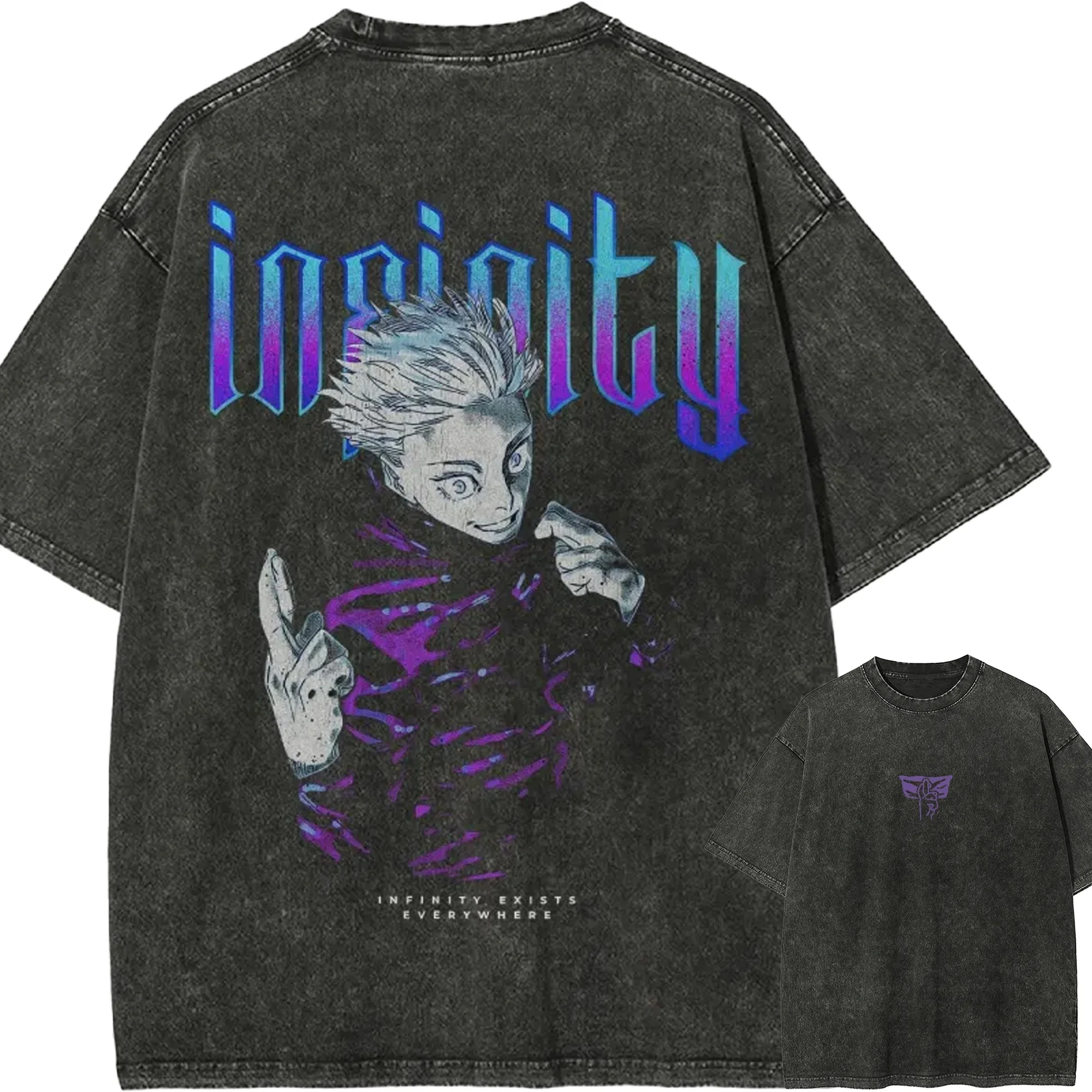 

Футболка Gojo Satoru Jujutsu Kaisen мужская, с эффектом кислотной стирки, с аниме-графикой Infinity, хлопковая, уличная одежда, фиолетовая, винтажная, бутлег-футболка