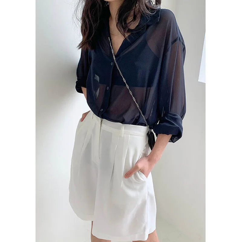 Women Sexy See-through Blouse Summer Mesh Transparent White T-Shirts Long Sleeve Casual Tops Y2k Korean Fashion Button Cardigan