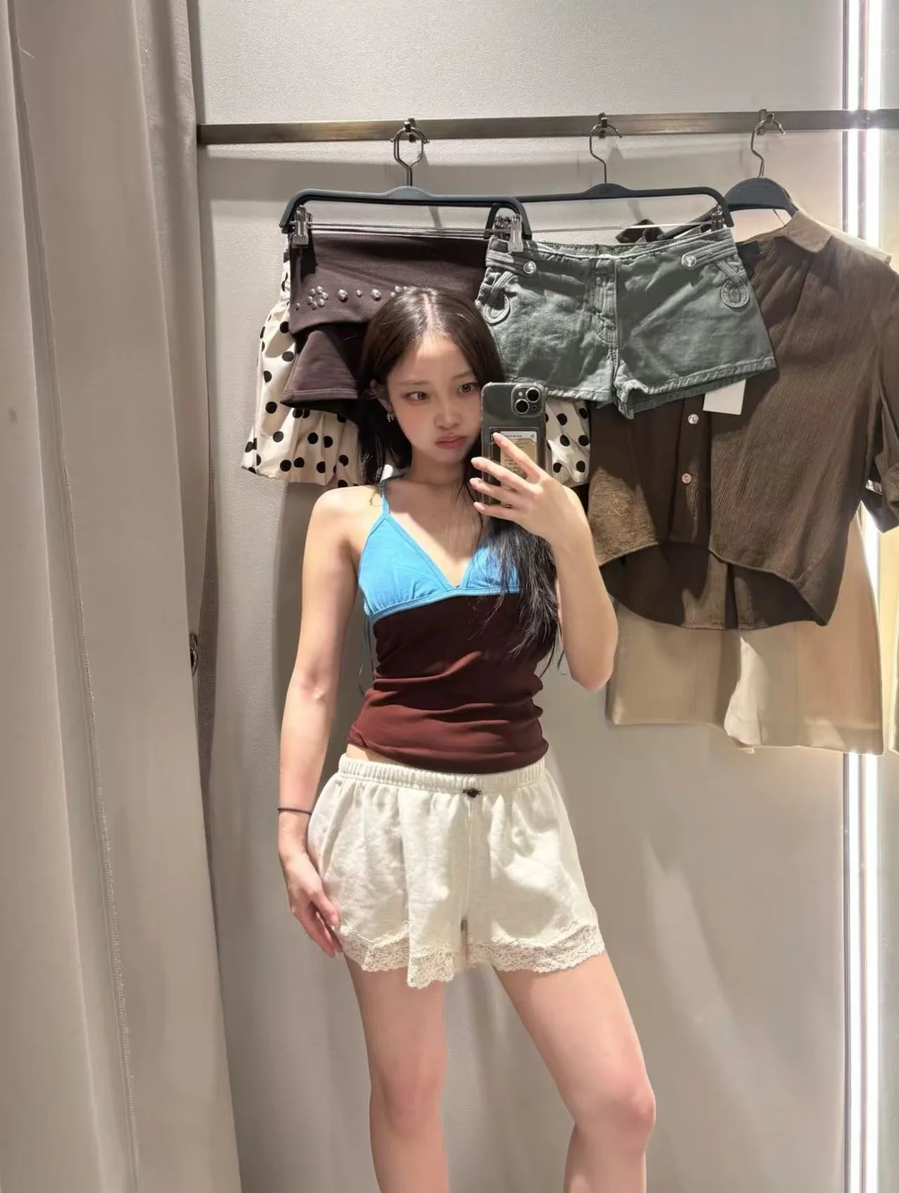 Spring Summer 2026 Trendy Spicy Girl Casual Elastic Waist Splice Lace Short Pants Straight Leg Cotton Blend Comfortable Shorts