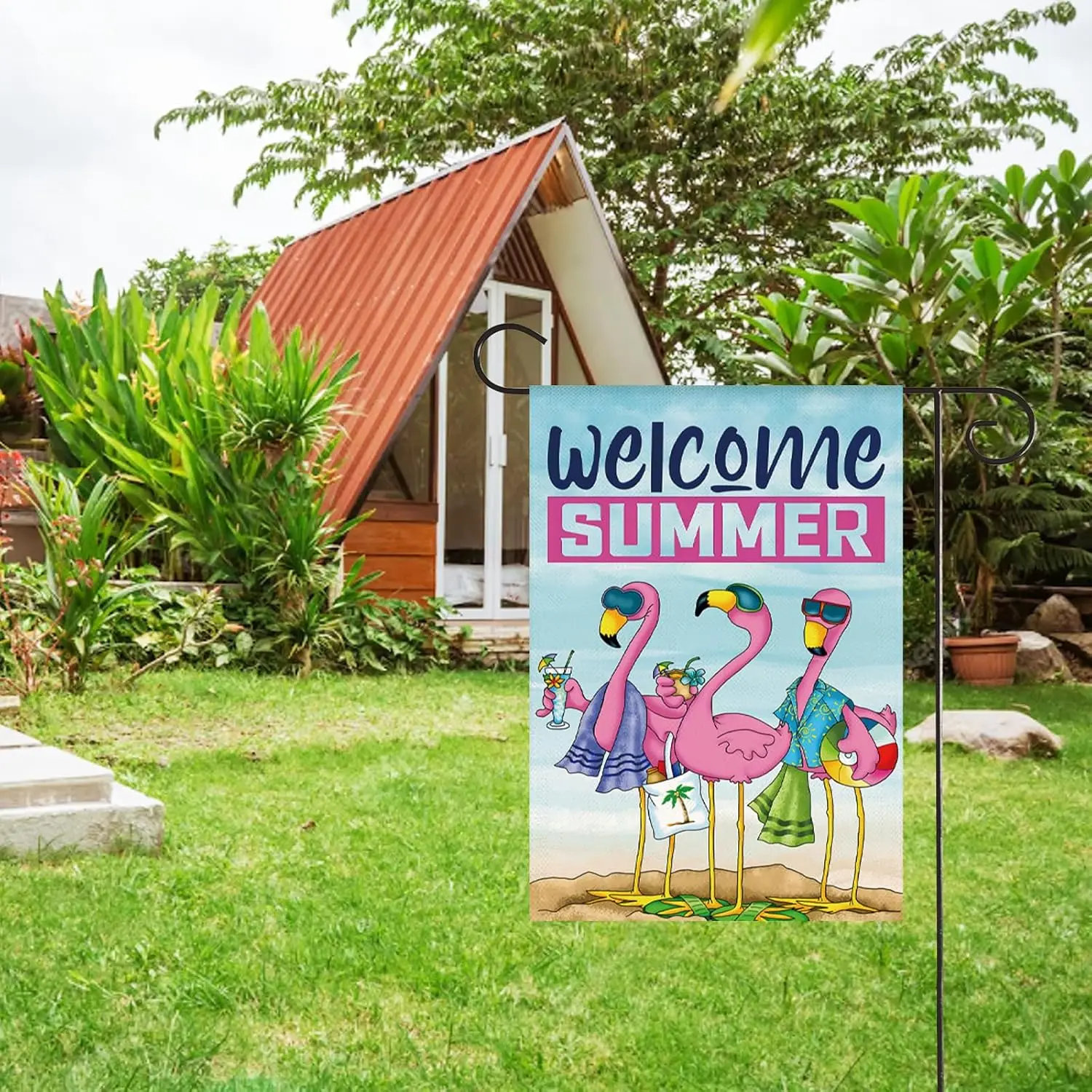HOMFREEST Summer Flamingo Garden Flag 12x18 Inch Double Sided Burlap Outside Welcome Hello Summer Pink Decor Small Flag Trop zzo