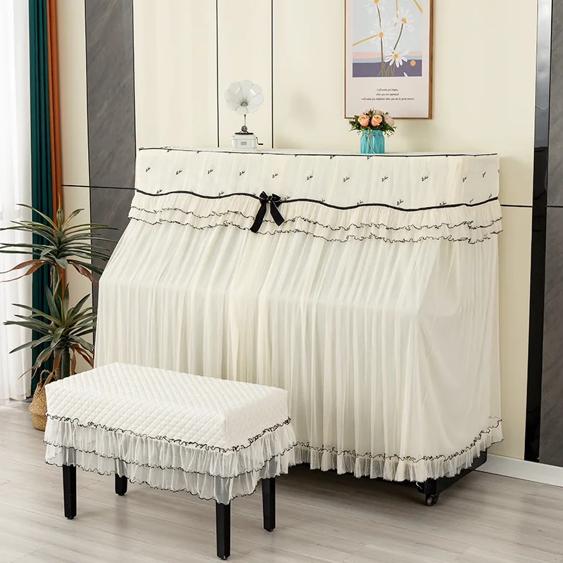 Korean Lace Embroidered Piano Protective Cover Beige Gauze Double Curtain Piano Dust Cover Set with Ruffle Edge Piano Bench Case