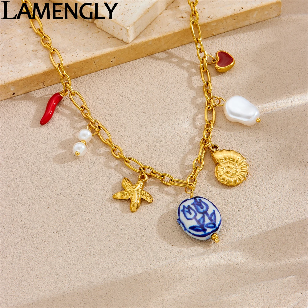 

LAMENGLY 316L Stainless Steel Personal Blue Painted Flowers Pearl Starfish Conch Pendant Necklace Women New Trend Clavicle Chain