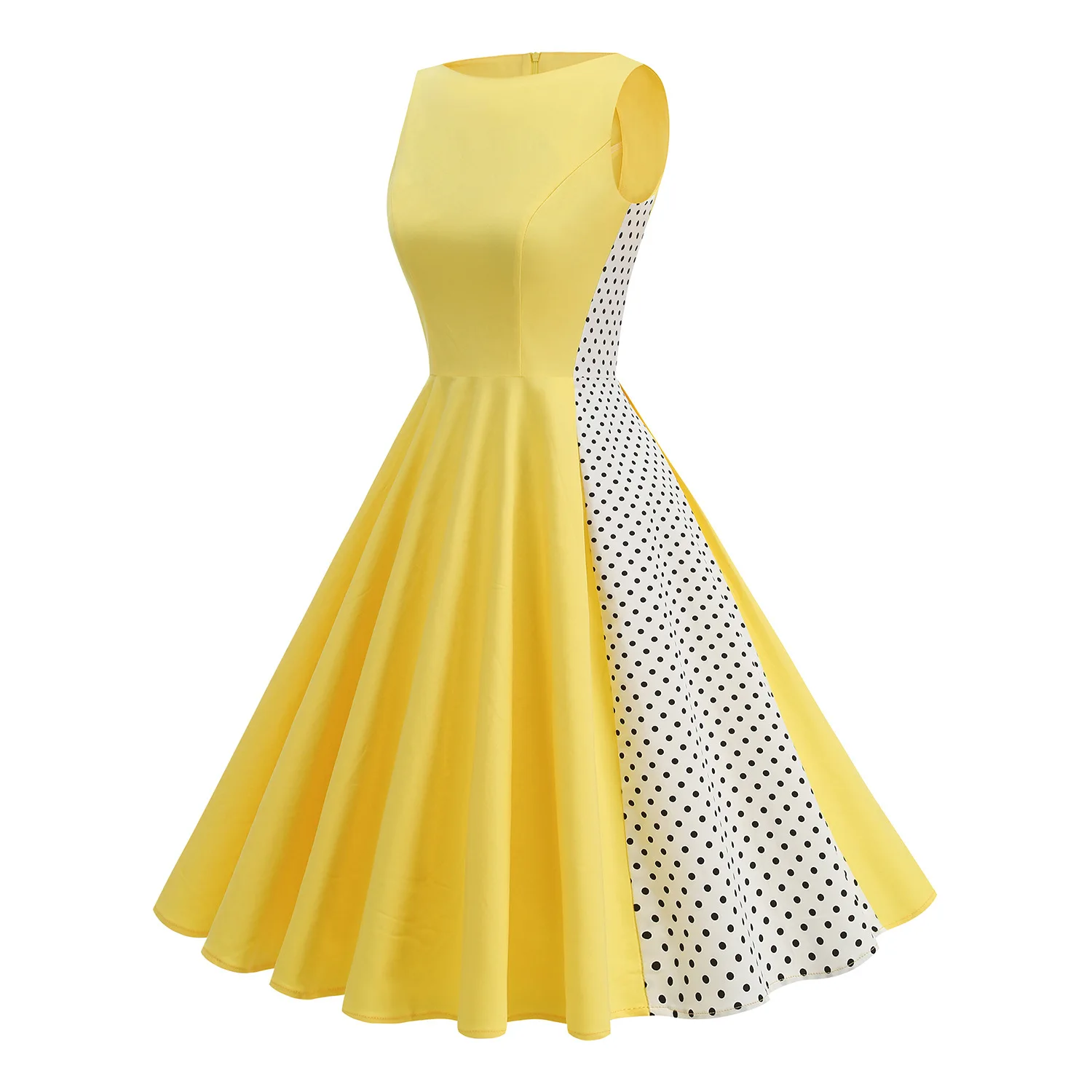 50s Vintage Polka Dot Printed Colorblock Cotton Swing Dress Women Summer New Slash Neck Sleeveless Rockabilly Party Dresses