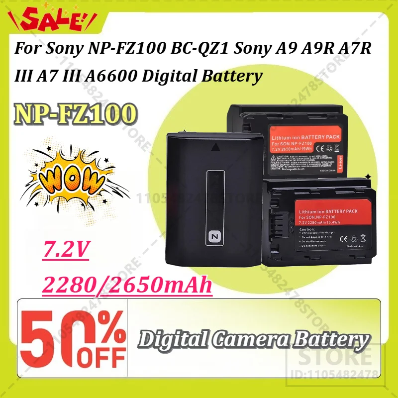 

2650mAh NP-FZ100 Lithium Battery with Charger Replacement for Sony A9 A9R A7R III A7 III A6600 BC-QZ1 Digital Camera Spare Parts