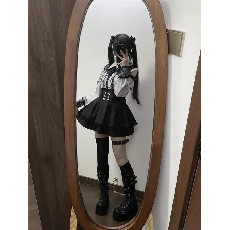 Jirai Kei Cosplay gótico Lolita vestido de novia conjunto blusa de manga larga Falda plisada negro blanco rojo Ver para fiesta de Halloween