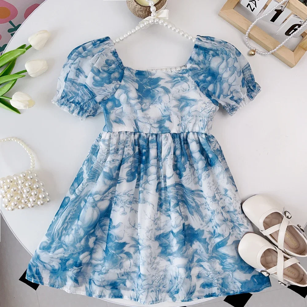 Bear Leader 2023 Summer New Girls\' Fashion Ink Painting Print Speaker Short Sleeve Princess Dress Children\'s Casual Dress