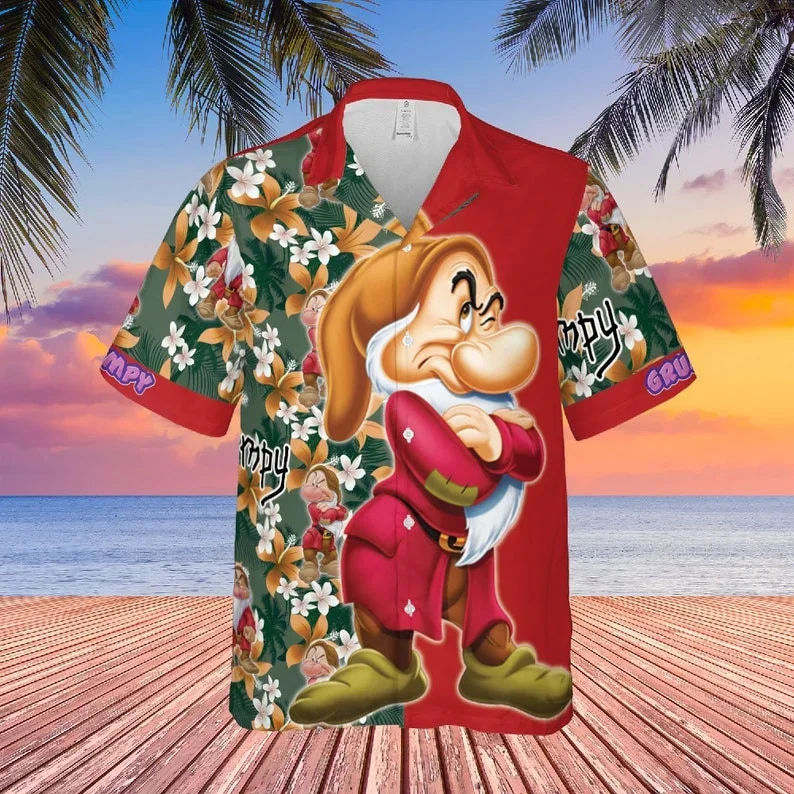 Grumpy Dwarf Snow White Disney Cartoon Graphics Floral Pattern All Over Print 3D Hawaiian Shirt