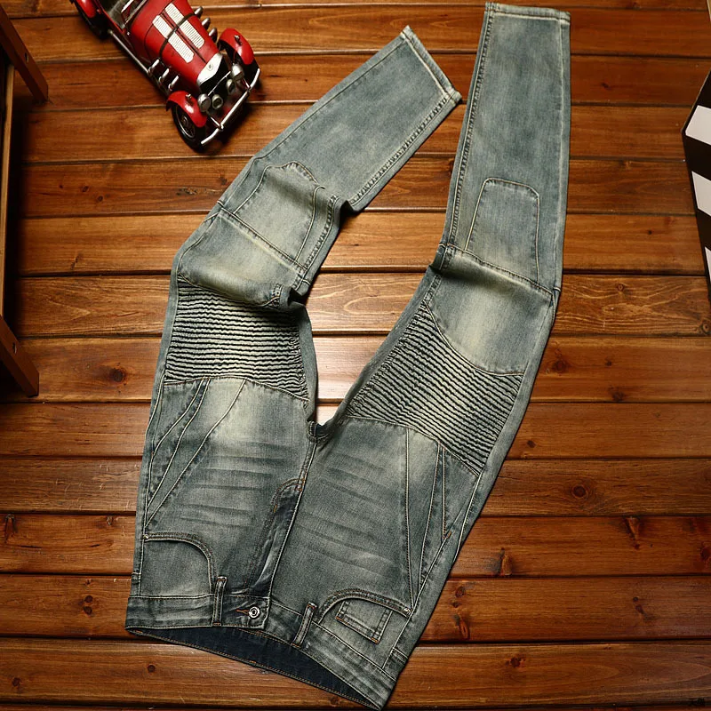 Washed-out vintage motorcycle jeans men's stretch skinny fashion street fashion slim fit skinny casual long pants