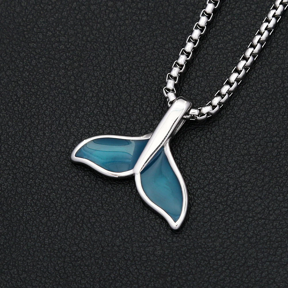 New Simple Blue Whale Fish Tail Pendant Necklace For Men Women Stainless Steel Long Chain Choker Necklace Fashion Jewelry Gifts