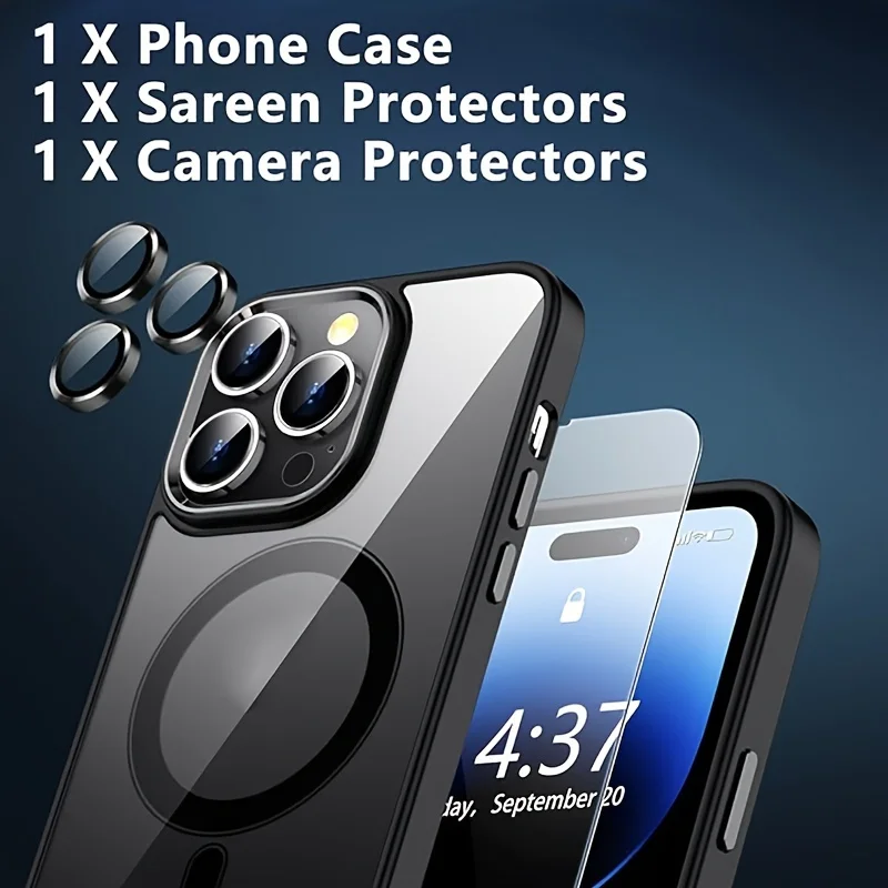 Clear Black Strong Magnetic Phone Case 3 in 1 with Screen Protector for iPhone 15 14 Pro Max Plus 12 13 Mini 11 Shockproof Cover