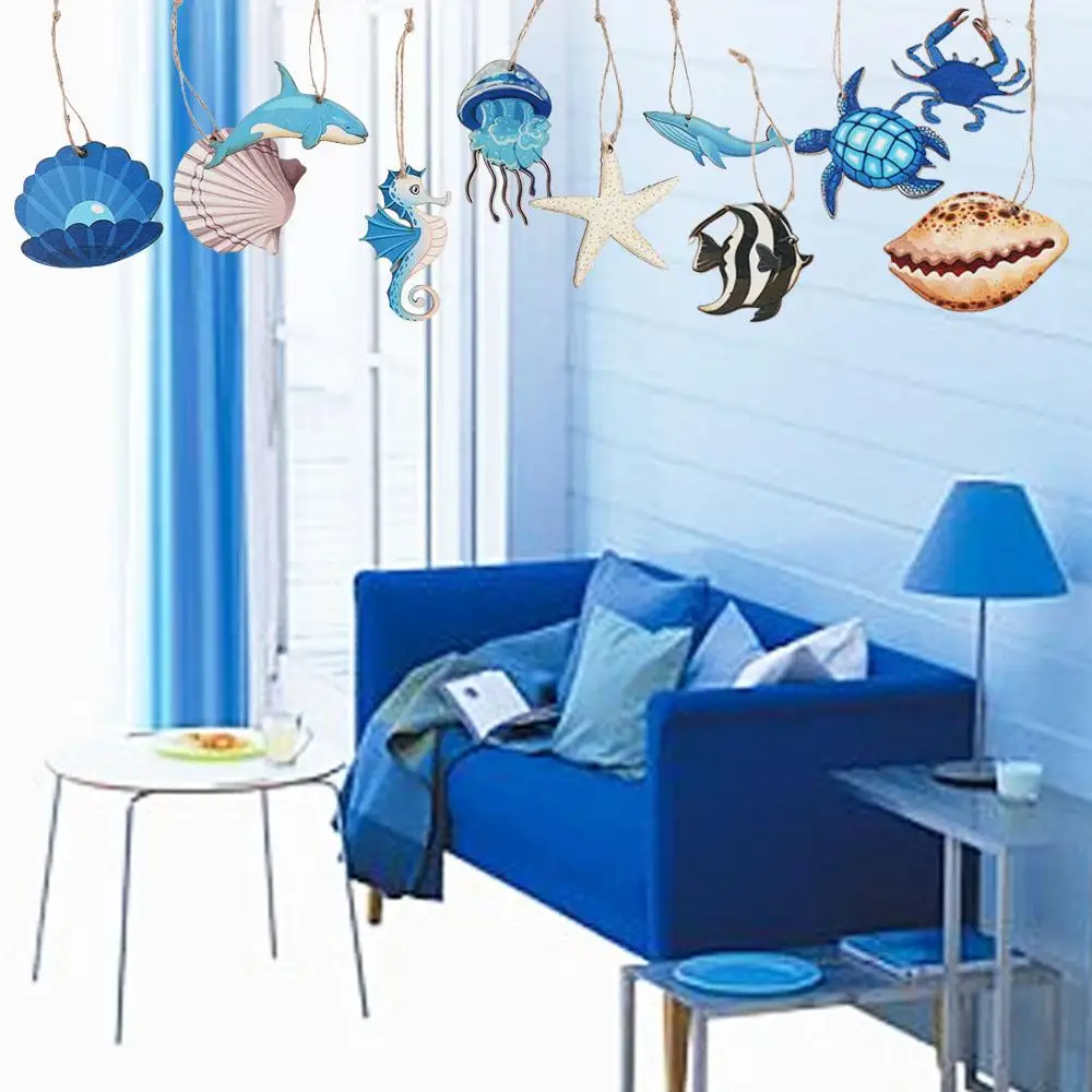 

24pcs Wooden Ocean Animal Hanging Ornament Starfish Seashell Ocean Theme Ocean Themed Pendant Turtle Seahorse DIY Sea Life Decor