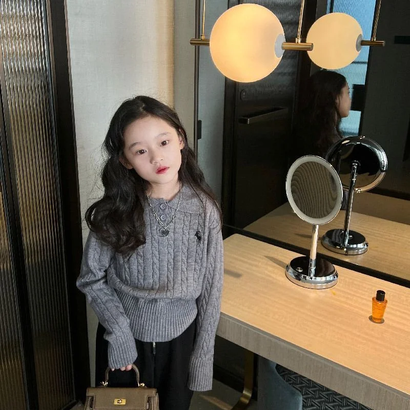 

Girls Sweater Wool Coat Kids Tops Knitting 2023 Gray Thicken Warm Winter Autumn Cottons Teenagers Outwear Children's Clothing