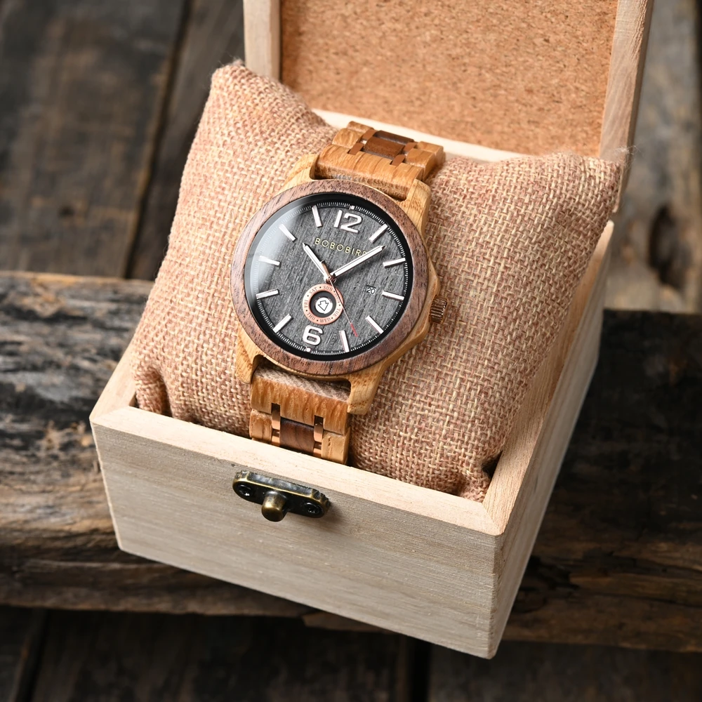 Wood Watch Japanese Movement Men\'s Quartz Wristwatch BOBOBIRD Top New Design Week Date Display Custom Watches Great Gift Box