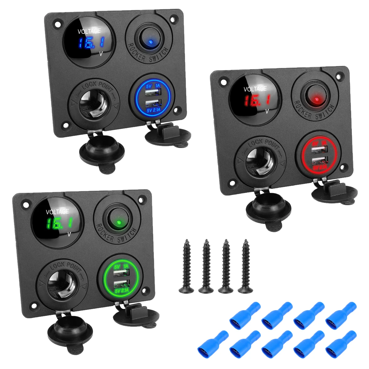 Adaptador de corriente USB dual de 12V/24V, 3.1A, cuatro en uno, con voltímetro LED e interruptor basculante, adecuado para vehículos marinos, caravanas y camiones.