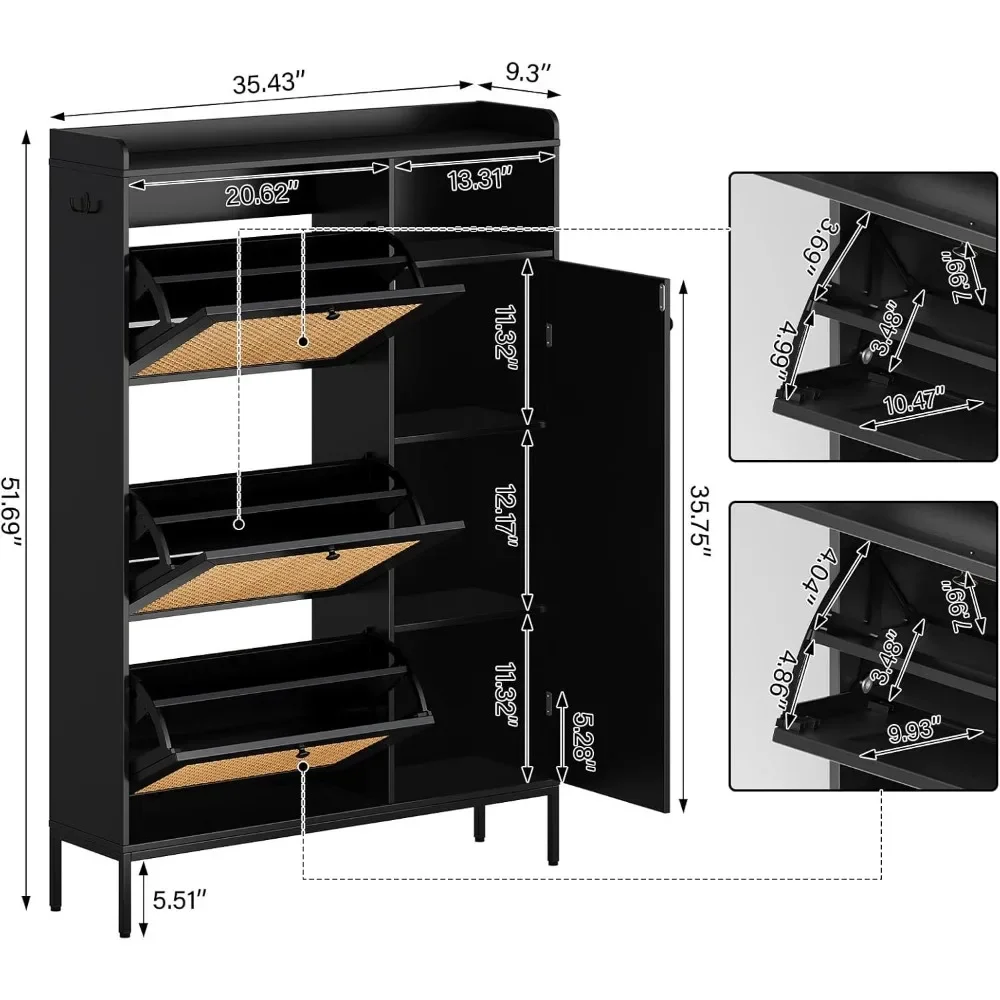 3-layer Shoe Cabinet with Flip Drawers, Ultra-thin Shoe Cabinet with Adjustable Shelves, Corridor Shoe Rack Cabinet, Top Fence