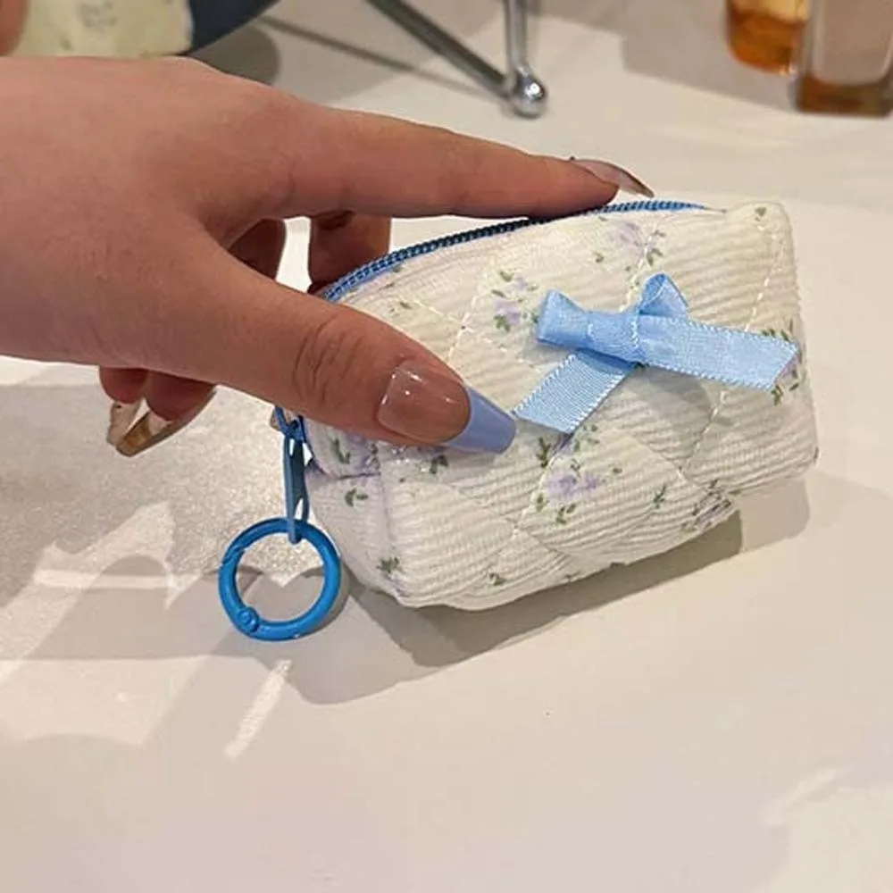Embroidered Bowknot Mini Makeup Bag Quilted Lattice Soft Cotton Quilted Cosmetic Pouch Floral Print Compact Size