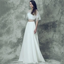 Charming Two Piece Lace Chiffon Wedding Dress Scoop Neck Half Sleeve A-Line Floor Length Bridal Boho Beach Marriage Gowns