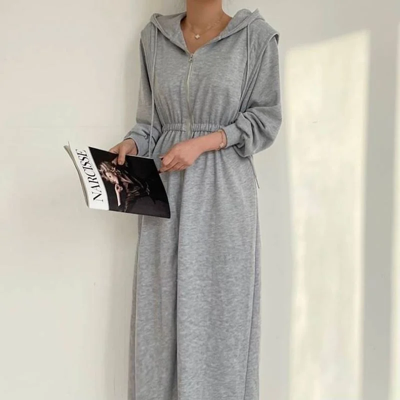 Felpa con Zip bianca con cappuccio abito lungo Casual panno 2024 per le donne Wild Black Grey vita alta Swing Maxi maglione Vestidos