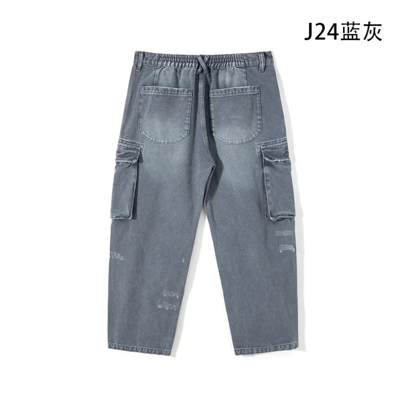 QICHE Men Japanese‑Retro Multi‑Pocket Loose Wide‑Leg Cargo Pants Elastic Waist Embroidered Patch Acid‑Dye Casual Trousers