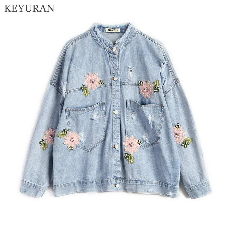 Fashion 3D Floral Embroidery Denim Jacket Women’s 2023 Spring Full Sleeve Loose Ripped Hole Pearls Beading Short Leisure Coat