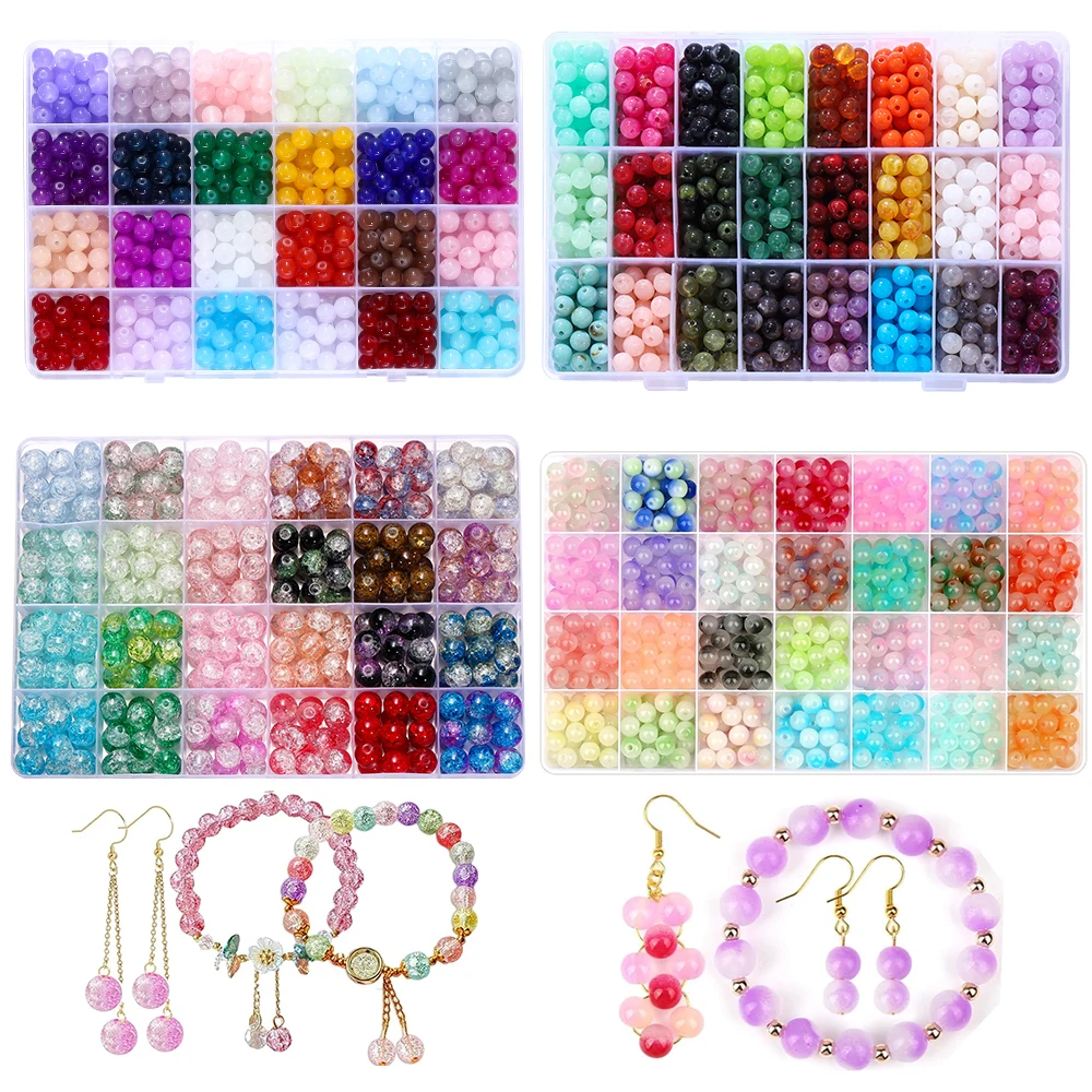 408-1200Pcs/Box Colorful Glass Beads Plastic Spacer Loose Bead Jewelry Tools Kits for DIY Bracelet Jewelry Making Supplies