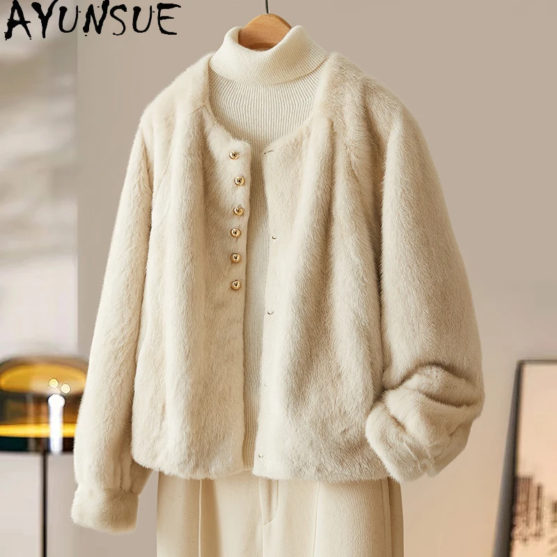 

AYUNSUE Mink Fur Coat Woman Short Coats for Woman Winter 2025 Elegant Clothes Korean Style Clothes for Woman Pelzmantel Damen