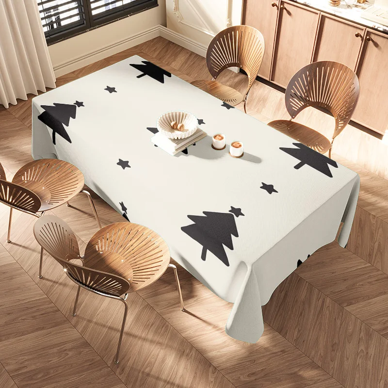 Modern Christmas Tree Tablecloth Decor: Festive Black Forest Pine Pattern for Dining Room Home Décor White Natural Wood Color Se