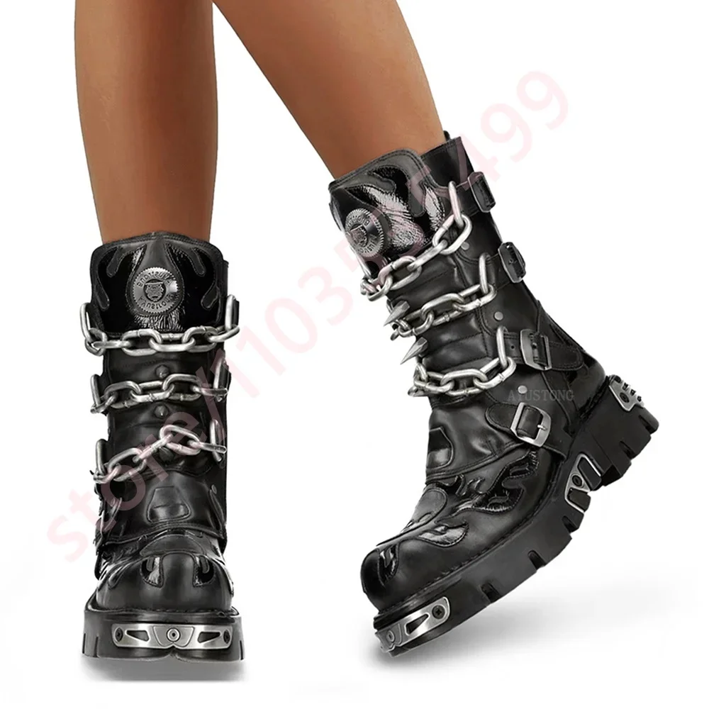 Punk Chain Rivet Belt Buckle Motorcycle Boots 2025 New 35-45 Fashion Party Casual Thick Sole Boots Street Rock Round Short Boots