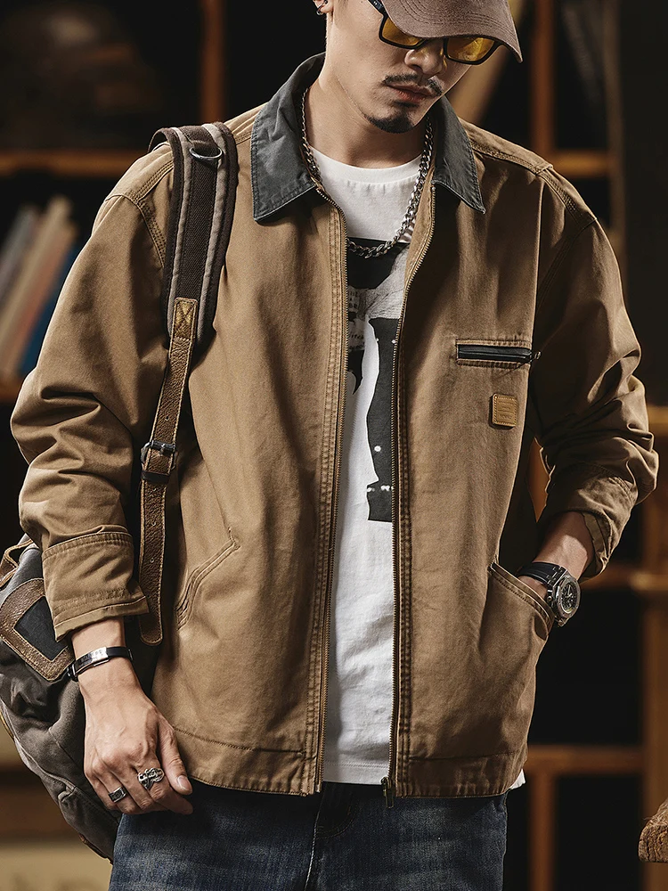 Casual Jacket Men's American-Style Retro Lapel Zipper Fine Canvas Loose Autumn and Winter Trendy Quilted Warm Spring and Autumn