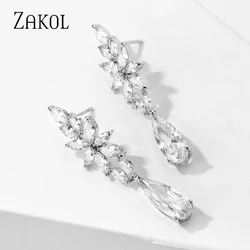 ZAKOL Rose Gold Color Luxury Long Dangle Leaves Water Drop Elegant CZ Earrings for Women Bridal Wedding Jewelry Dress EP5106