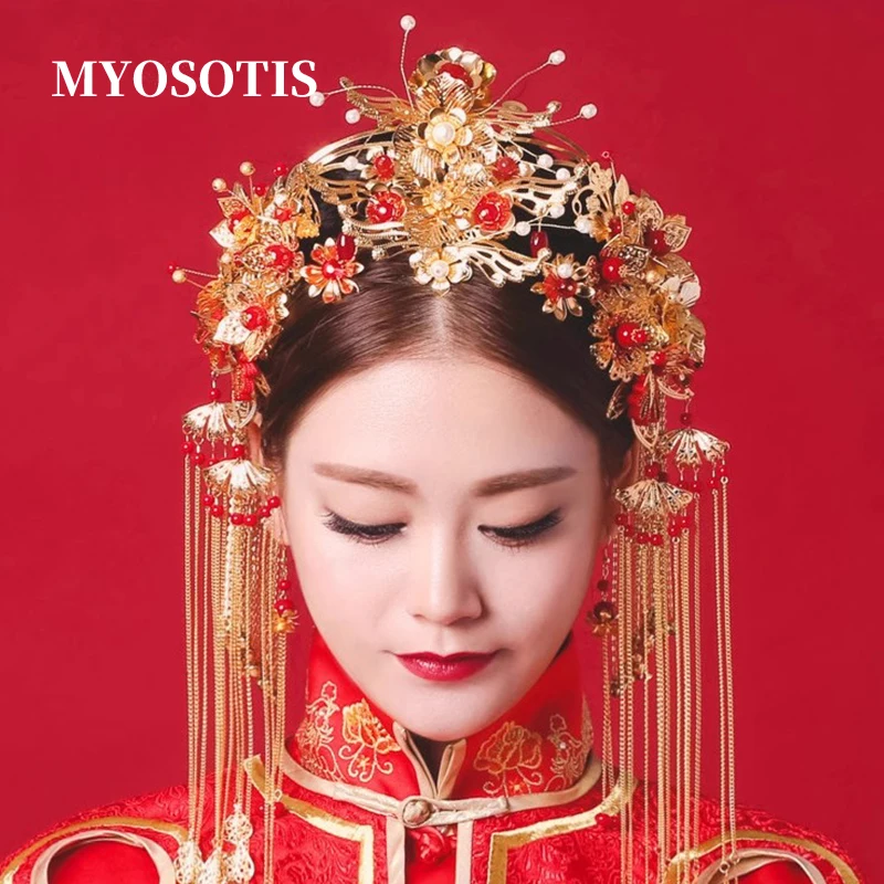 

Свадебный костюм, красный струящийся головной убор, заколки для волос с изображением Феникса, костюм в китайском этническом стиле, свадебные аксессуары для волос Xiuhe Cheongsam