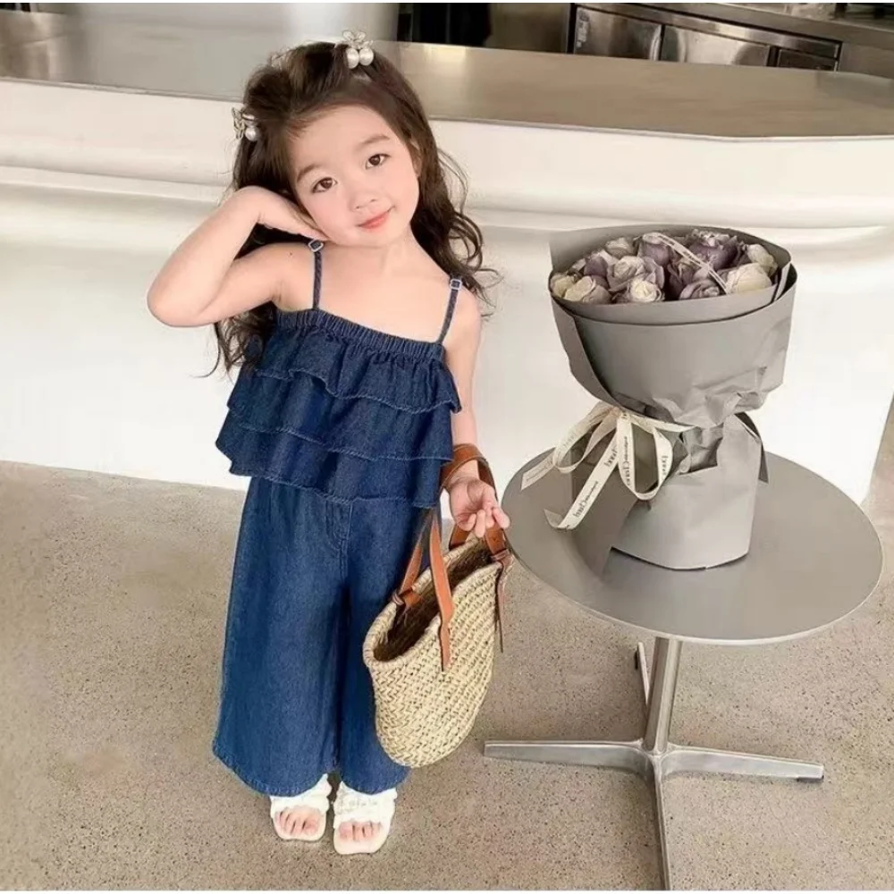 Summer Girls' Clothing Set Elegance Baby Girls' Fashion Layer Splicing Strap Top+Wide Leg Pants Cowboy Children's Clothes Suits